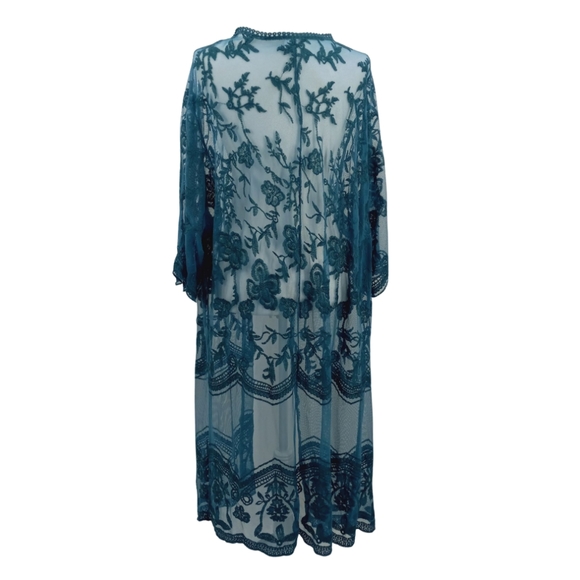 *SOLD* CRACKER BARREL Boho Chic Teal Floral Lace Mesh Kimono Duster Beach Cover - Picture 8 of 12
